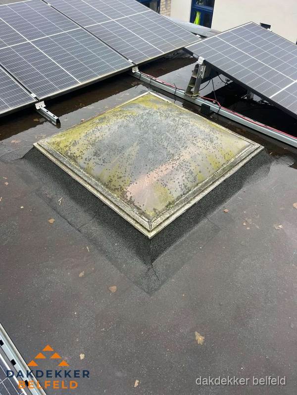 Vervuilde lichtkoepel op plat dak met zonnepanelen in Belfeld Vervuilde lichtkoepel op plat dak met zonnepanelen in Belfeld